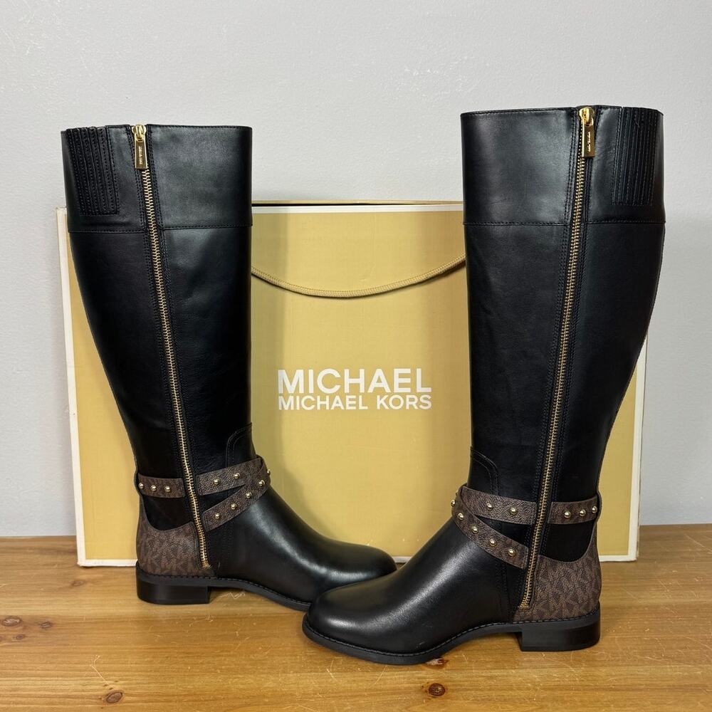 New Michael Kors Kincaid Leather Riding Boot in Black/Brown Women's Size 6 - Picture 5 of 8